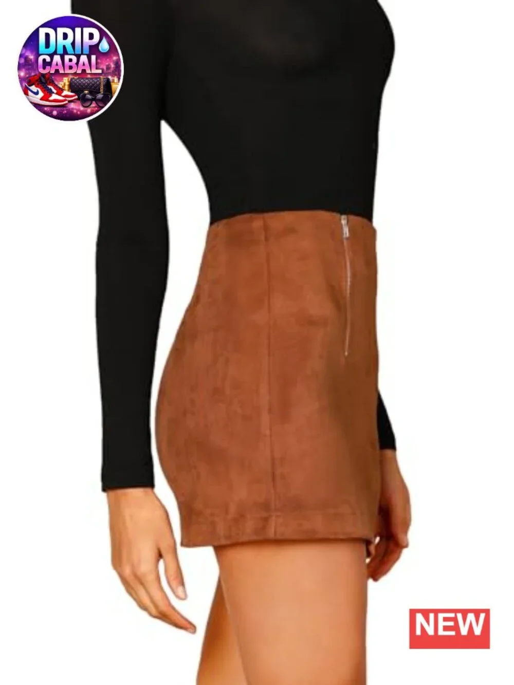 Faux Suede Bodycon Mini Skirt High Waist Double Zipper Front